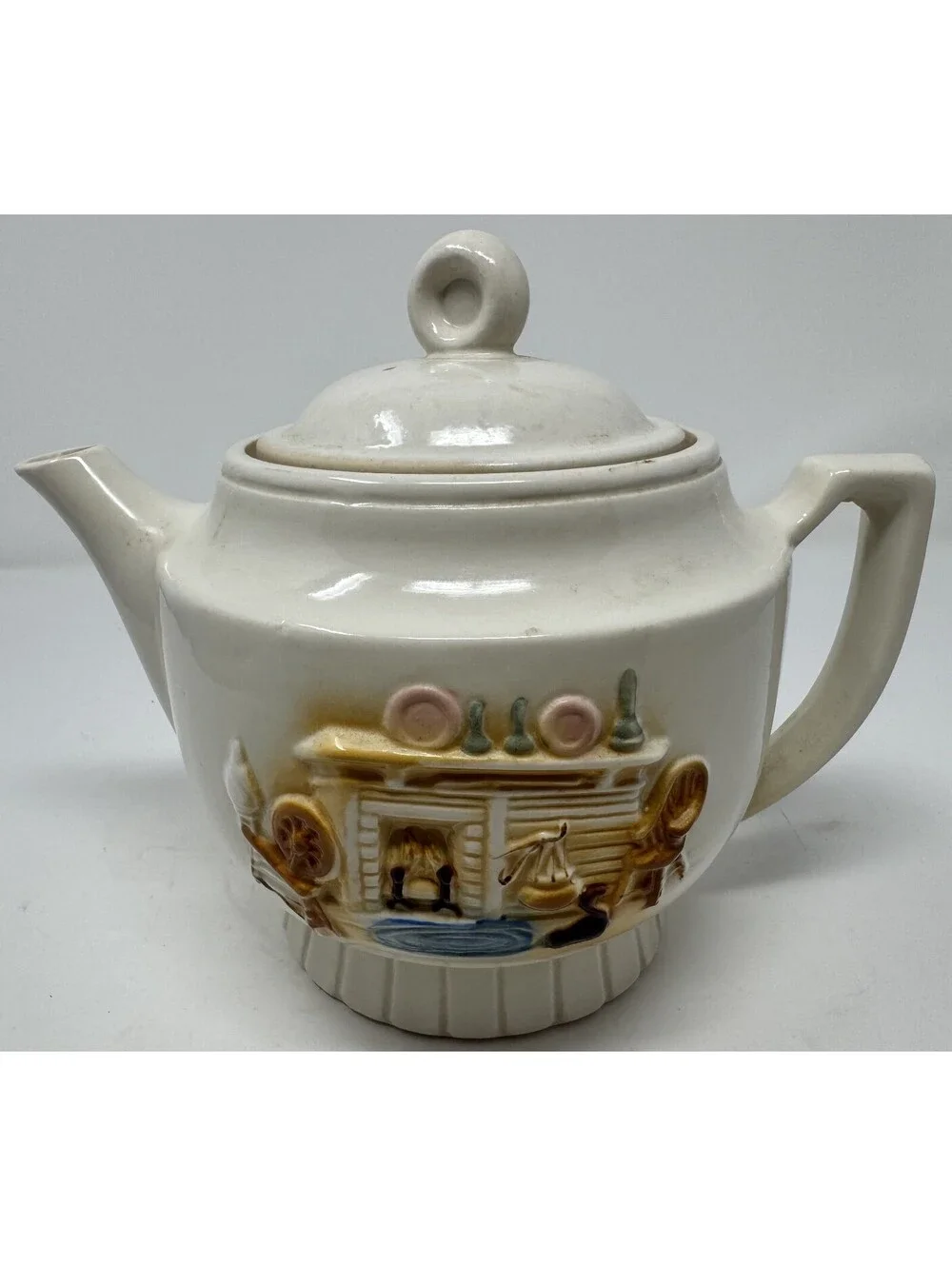 Vintage 1930's Porcelier Teapot Tea Pot Hearth Home Scene USA Vitreous China